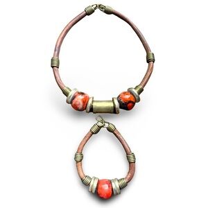 Vintage Handcrafted Leather & Bead Choker Necklace and Bracelet Set, [Small Set]